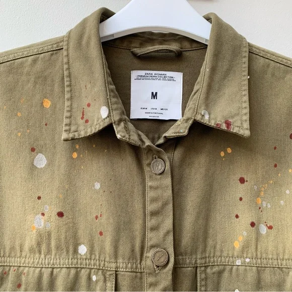 Zara khaki denim shacket chore shirt jacket paint splatter size medium - Picture 7 of 10